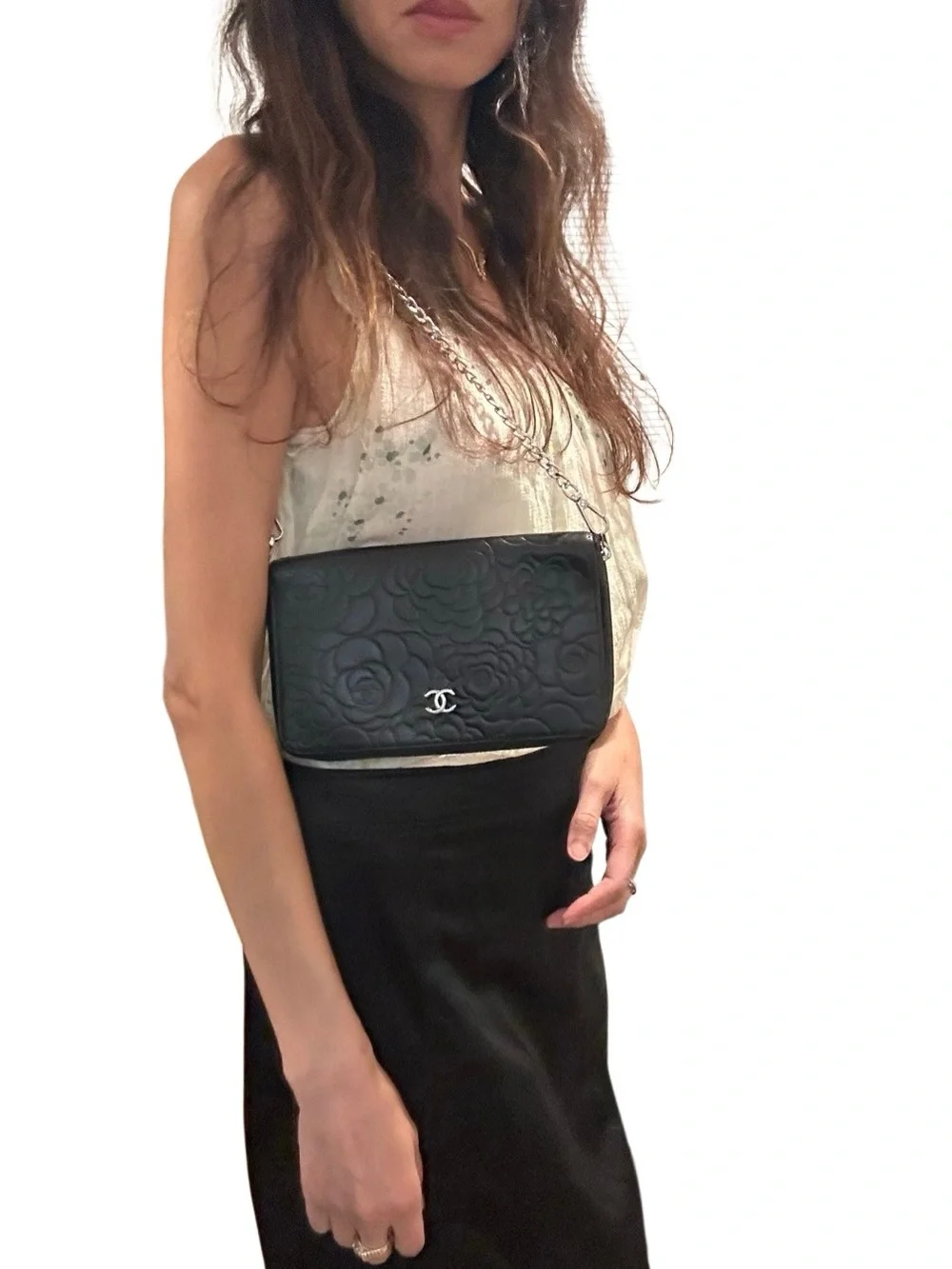 CHANEL Black Quilted Camellia Leather Card Holder with CC Logo